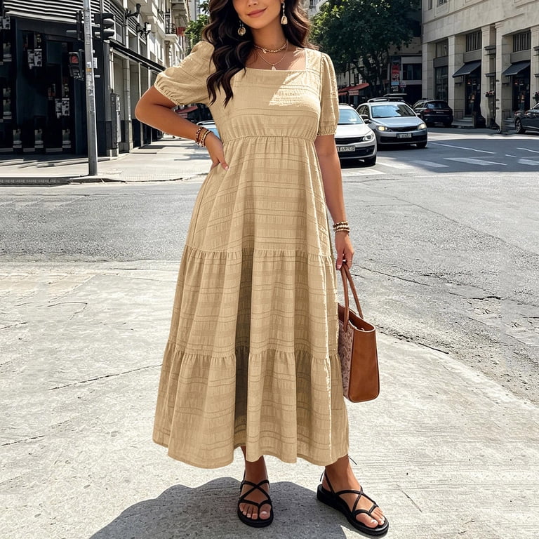WQNVRNR Womens Plus Size Long Dress- Square Neck Short Sleeve