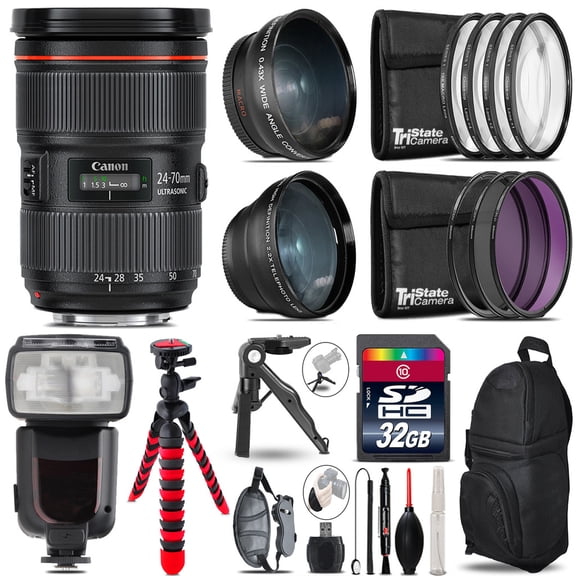 Canon 24-70mm f/2.8 II - 3 Lens Kit   Professional Flash - 32GB Accessory Bundle (International Version)