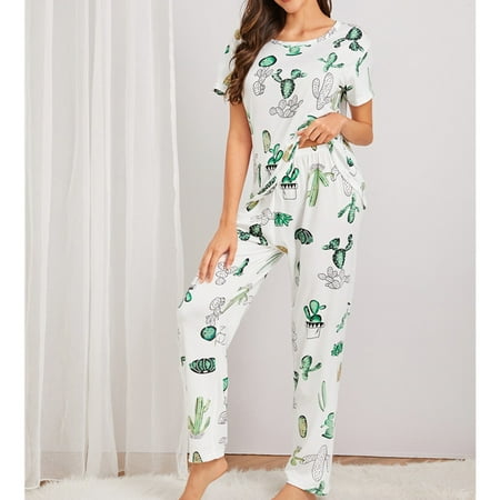 

Pajamas Set Casual Pants Comfortable Breathable Stylish Printing Loungewear Skin Friendly For Home Dark Blue Cactus Pink White Bird