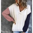thumbnail image 2 of Sudadera con cuello en V y manga larga para mujer con hombros caídos, sudadera con capucha elegante con bloques de color rosa M, 2 of 5