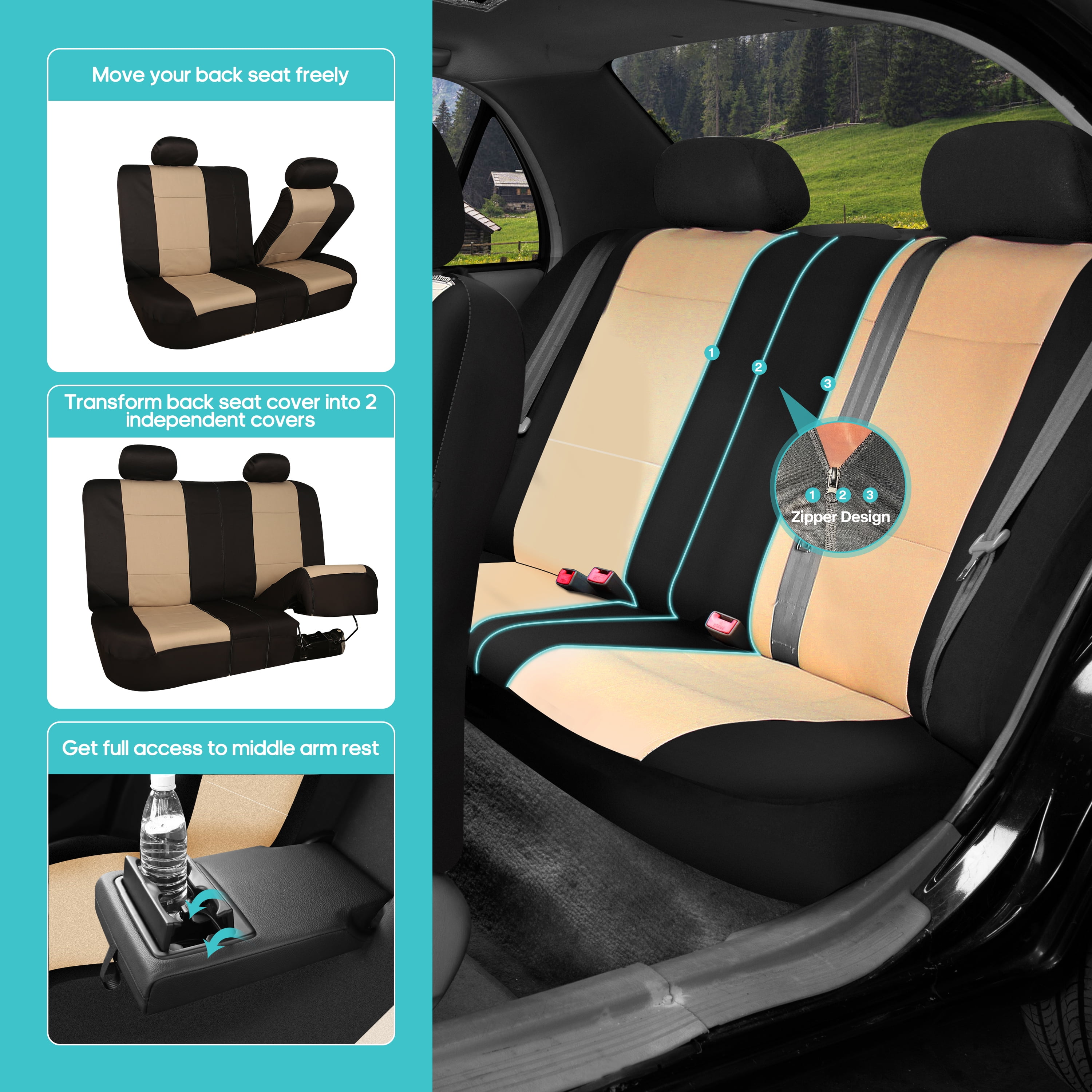 FH Group Neoprene Universal Car Seat Covers Fit For Car Truck SUV Van - Full Set Beige