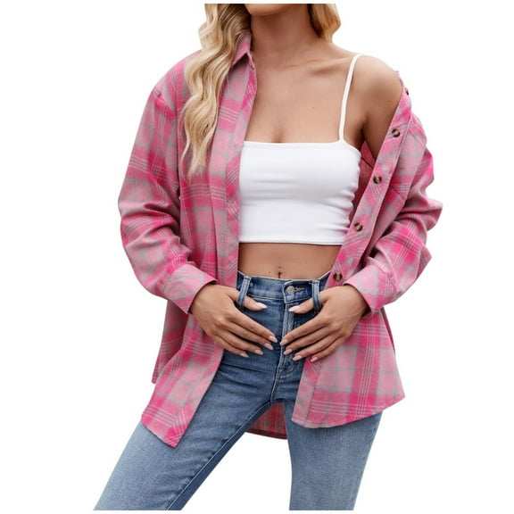 Cathalem Button Down Shirt Women Plaid Flannel Shirts for Women Oversized Long Sleeve Button Down Shirts Blouses Tops (Red,XL)