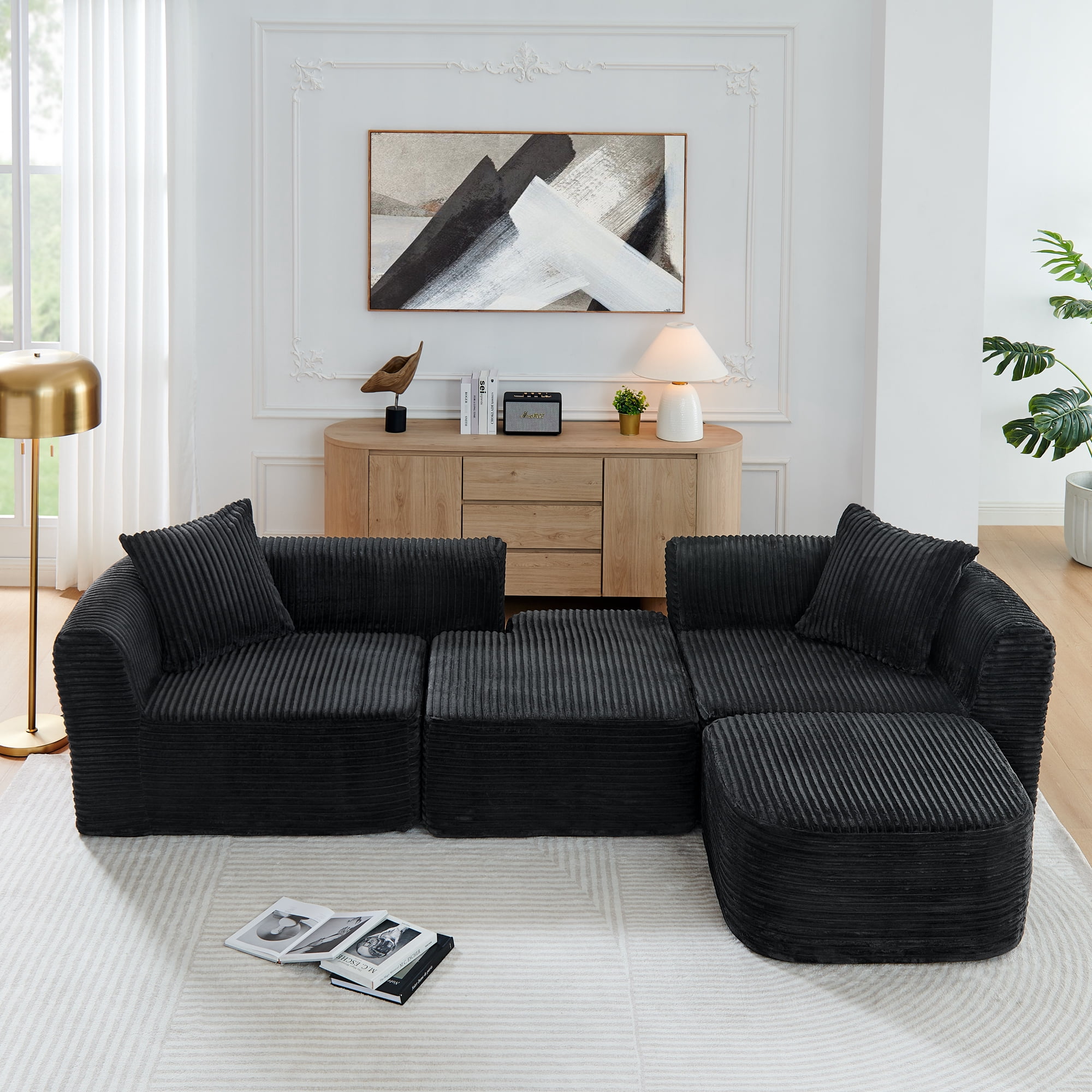 114" Cloud Sectional Sofa with L-Shape Chaise Lounge, Modular Design Includes a Movable Ottoman, Plush Corduroy Fabric, Arrives Fully Assembled for Instant Comfort, Black