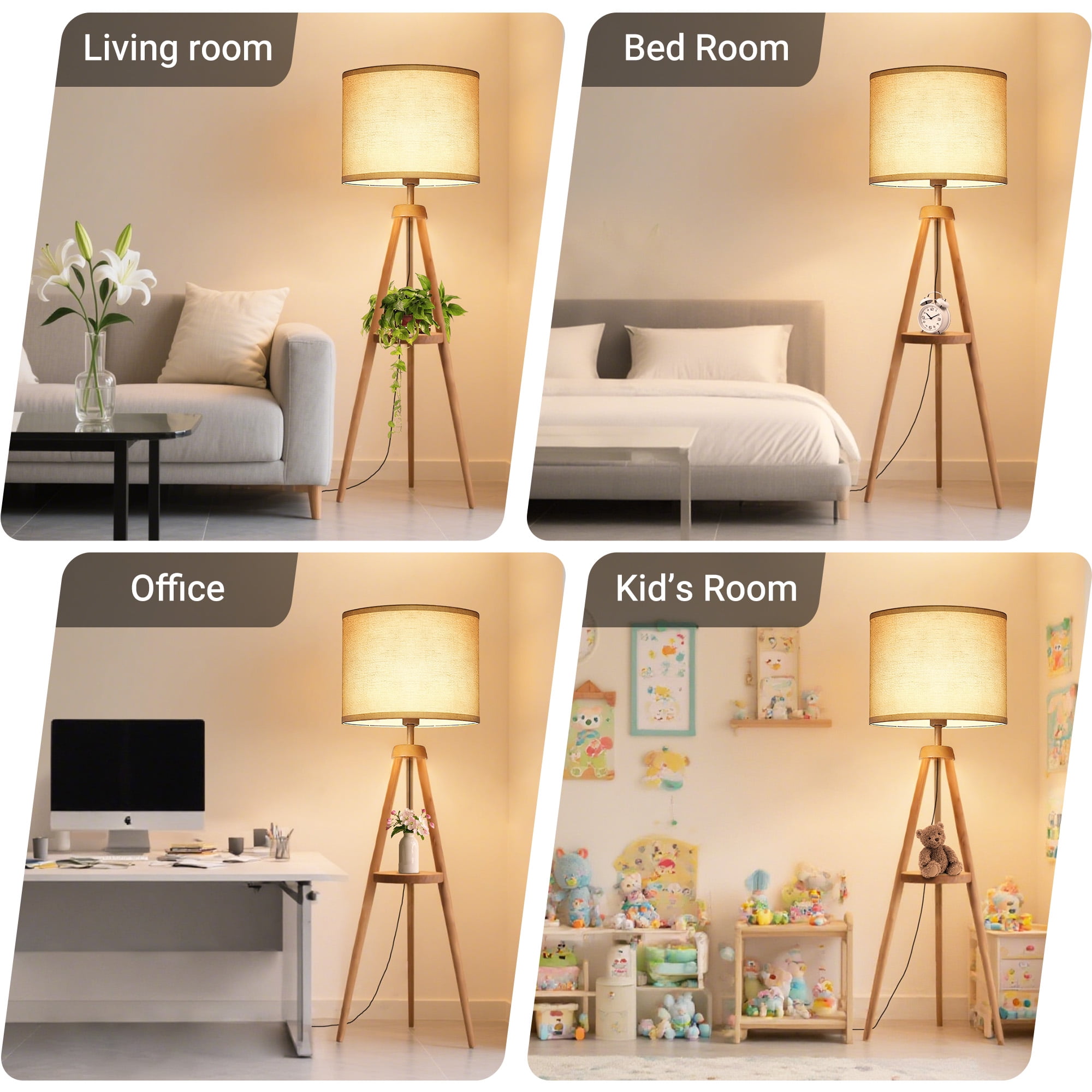 DAYBETTER Floor Lamp for Living Room, 63'' Wood Tripod Floor Lamp with Shelves, 3 Color Temperature, Dimmable, Remote Control Standing Lamp for Living Room, Bedroom, Office, LED Bulbs Included