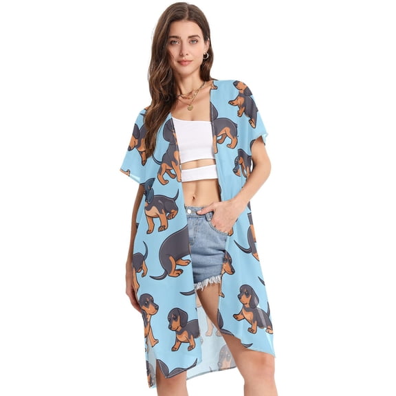 Beach Vacation Clothes Kimono Cardigan Loose Swimsuit Cover Up for Women Cute Dachshund Dogs S