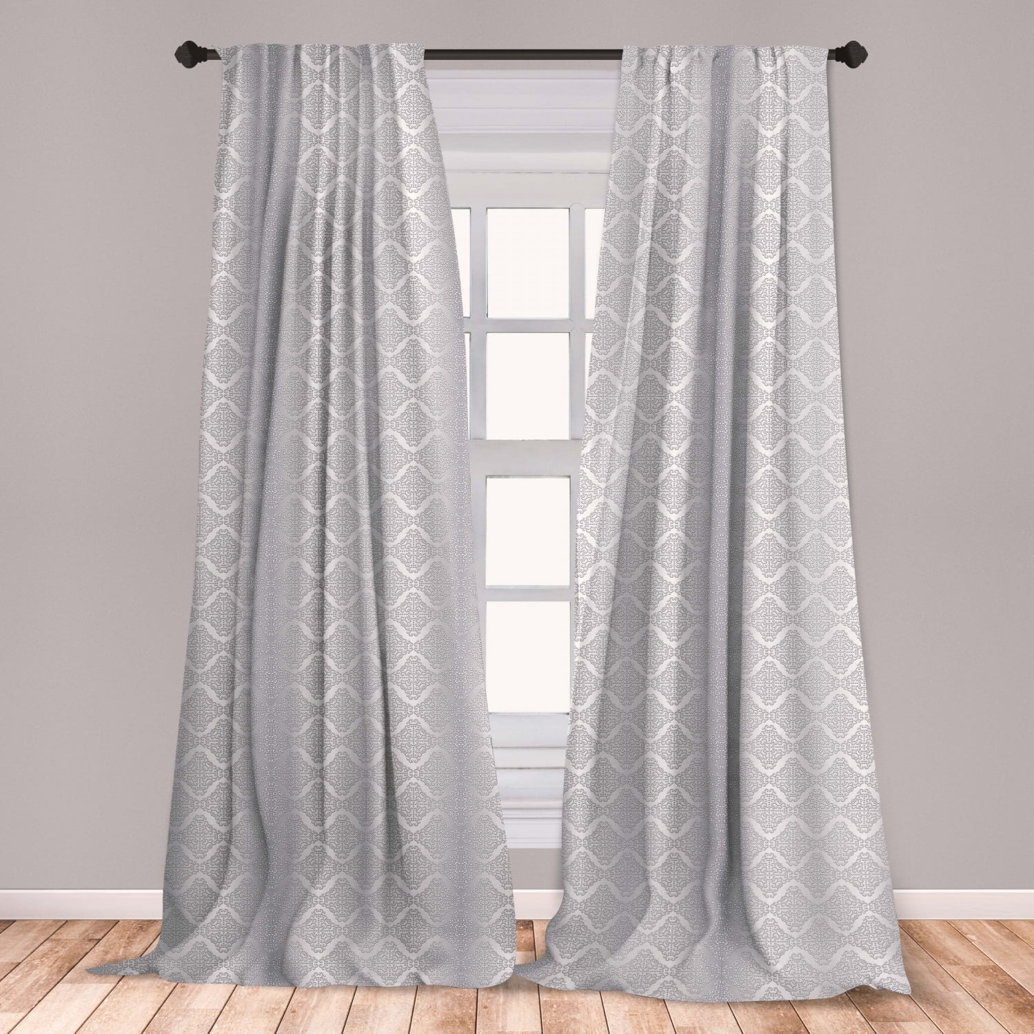 Damask Curtains 2 Panels Set, Damask Inspired Floral Motifs in Symmetrical Old Fashioned Design