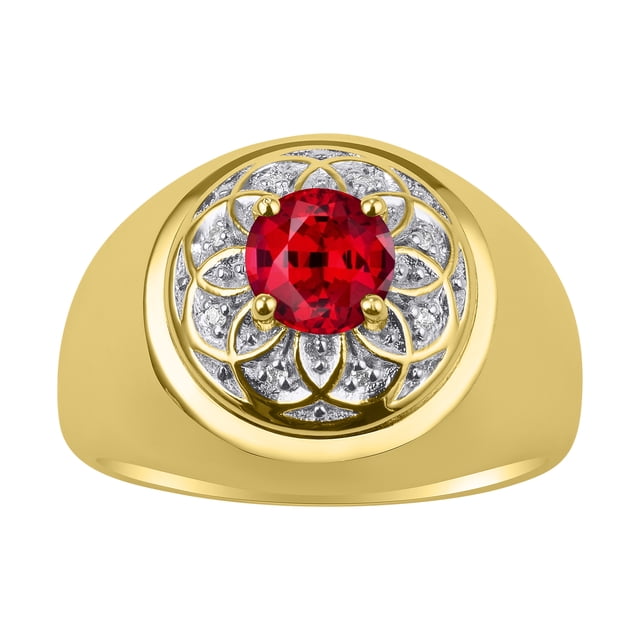 RYLOS Men's Rings Yellow Gold Plated Silver Designer Gypsy 7MM Round Gemstone & Diamond Ring Ruby July Birthstone Size 11