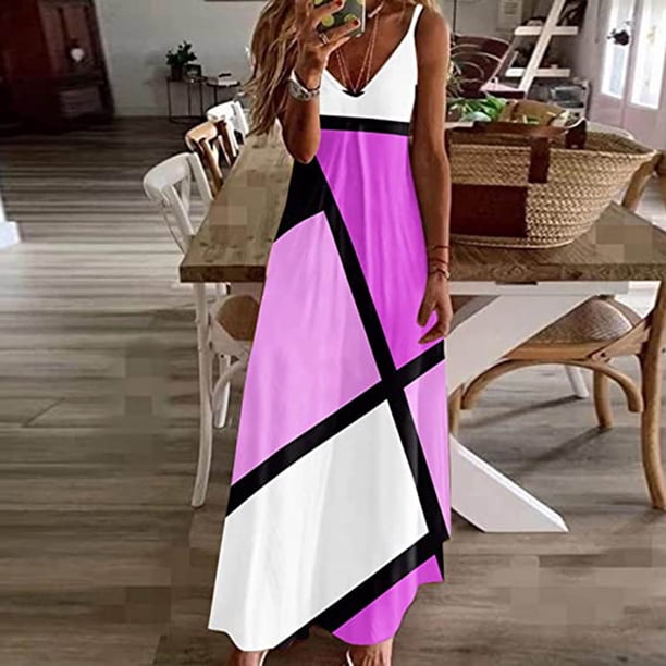 WILLBEST Vestidos Largos Casuales para Mujer Verano Casual Sexy sin Mangas Cuello En V Largo Geométrico Color Estampado Vestido Extra Grande