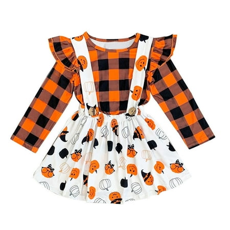 

QBGSAY Kids Outfits Sets Toddler Girls Halloween Long Sleeve Plaid Tops T Shirt Pumpkin Prints Suspender Skirts Leisure Outfits Suit