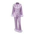 thumbnail image 4 of Women Silk Satin Pajamas Set Button Down Long Sleeve Sleepwear Feather Trim Nightwear Loungewear Pj Set, 4 of 6