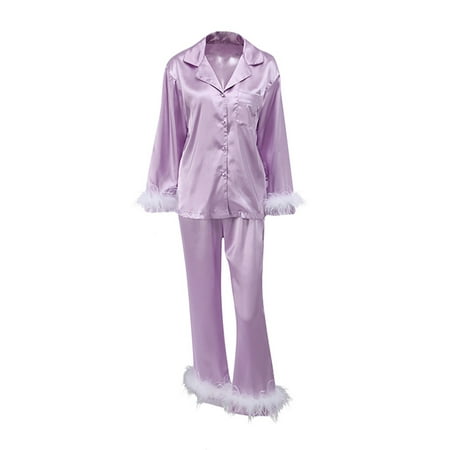 

Multitrust 2Pcs Button Sleepwear Set Artificial Feather Decoration Long Sleeve Button-Down Lapel Collar Tops + Pants Pajamas Set for Women