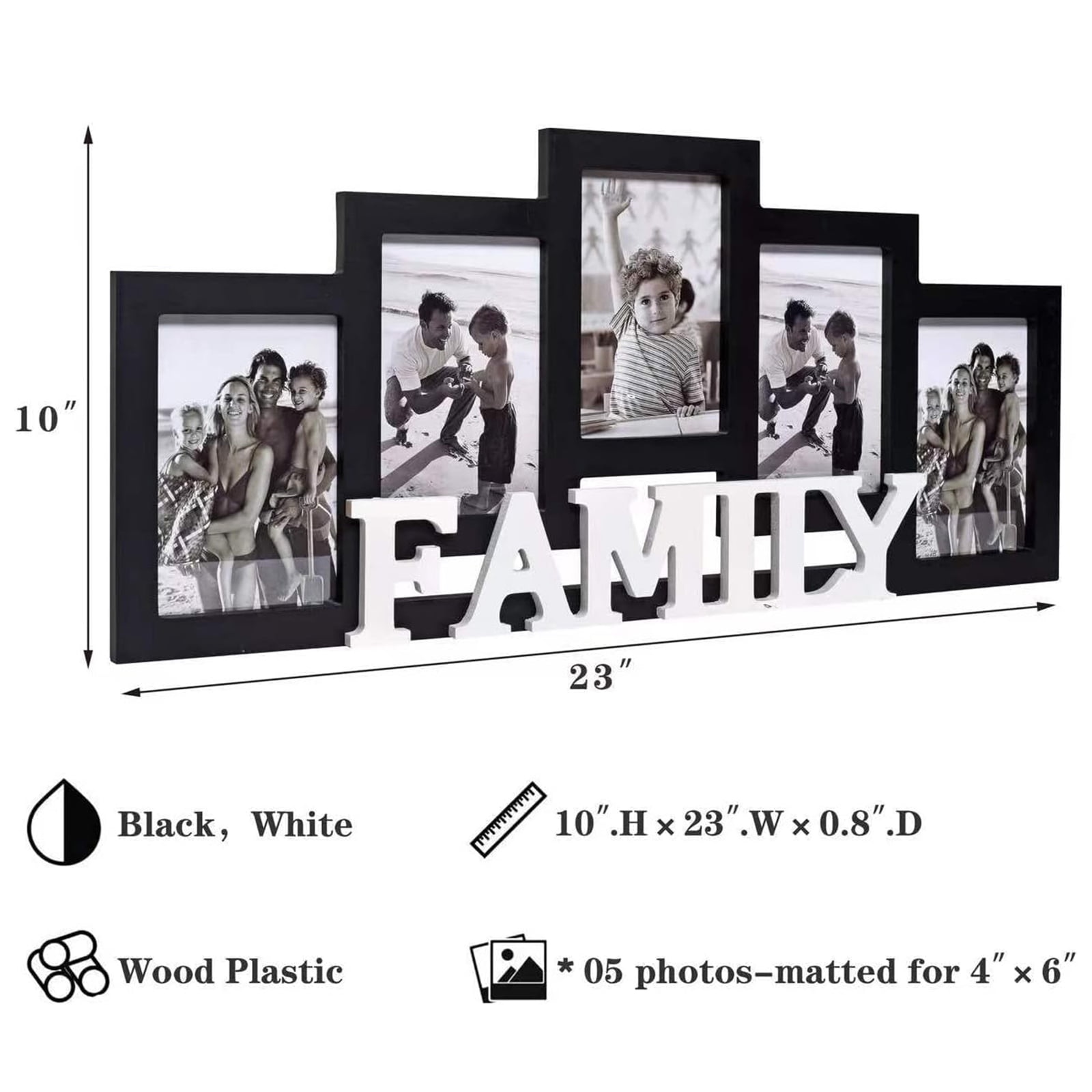 MODE HOME Wood Wall Hanging Family Picture Photo Frame Collage, 4 x 6 Photo Frames for Family Pictures Wall Decor, 5 Openings Black