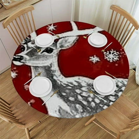 

Autua Deer Snowflakes Merry Christmas Round Tablecloth 100% Polyester Fiber Stain-Resistant Washable Outdoor Fitted for Home Kitchen Parties Holiday Dinner 46 -50