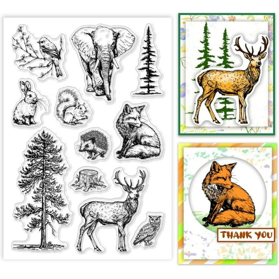 Forest Animals Clear Stamps Tree Silicone Stamps Rubber Stamp Seals Transparent Craft Stamps for Card Making Decoration DIY Scrapbooking Photo Album Diary Crafts 6.3x4.3 Inch