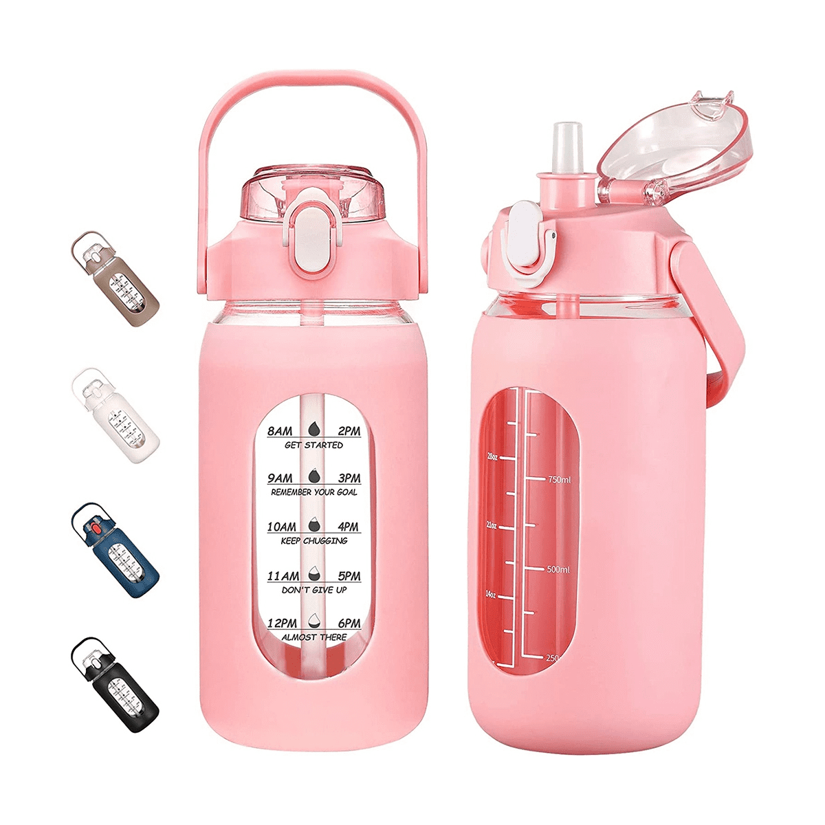 64Oz Glass Water Bottles with Straw, Glass Bottle with Silicone Sleeve and Time Marker, for Gym Home Office