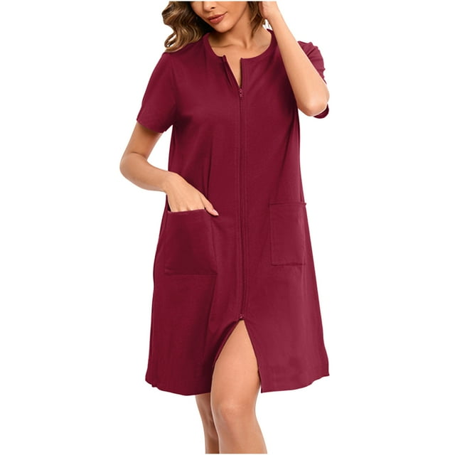 CFLVAEK Robes for Women Short Sleeve Zipper Robe Lightweight Soft House Coats with Pockets Solid Color Fall Spring Nightgowns 2025 Wine M