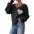 thumbnail image 3 of Sweaters for Female Lantern Sleeve Heart Print Pullover Embroidered Lace Patchwork Knit Pullover Black XL, 3 of 8