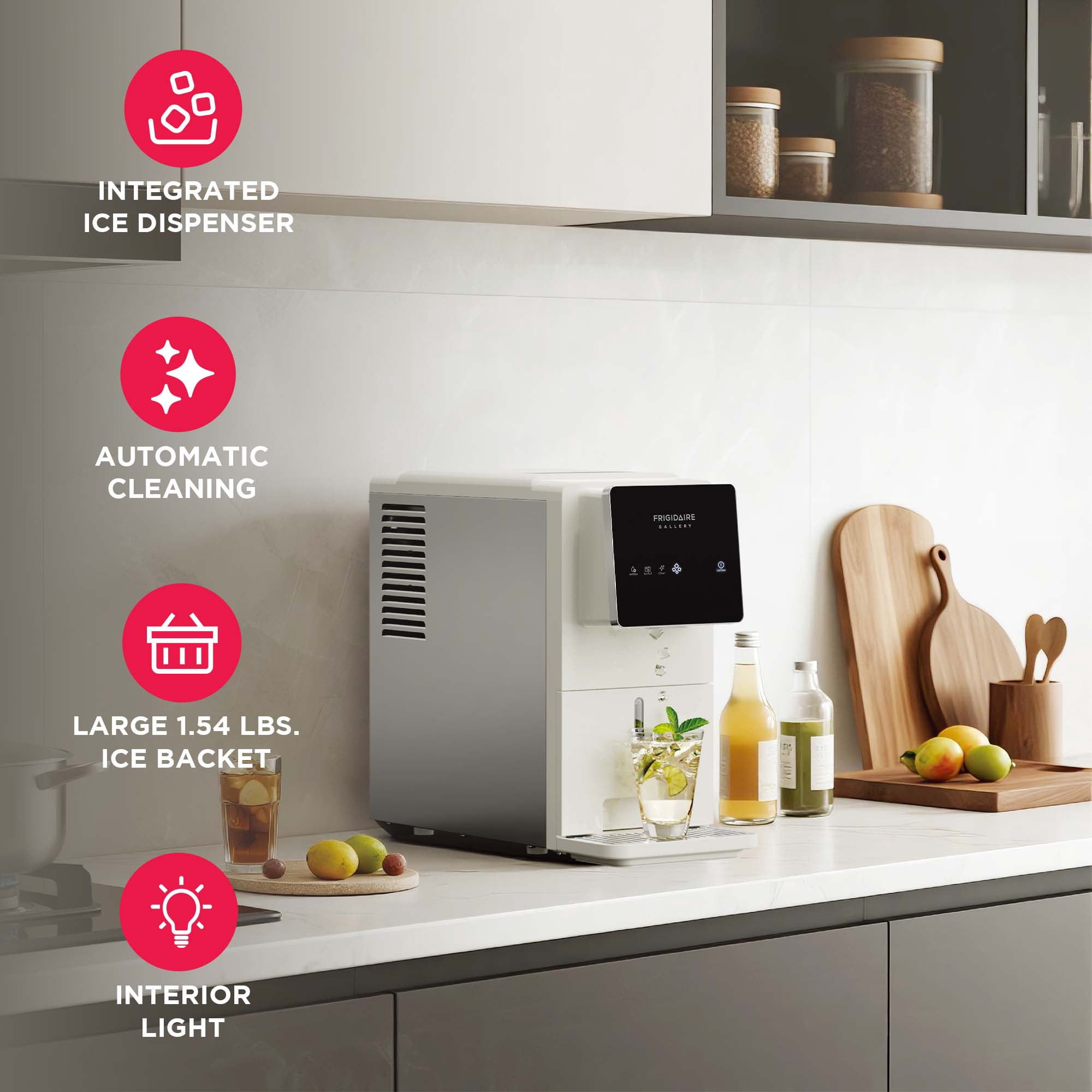 Frigidaire Gallery 33 lbs. Touchscreen Nugget Ice Maker with Dispenser, Self-Cleaning Countertop Ice Machine, White