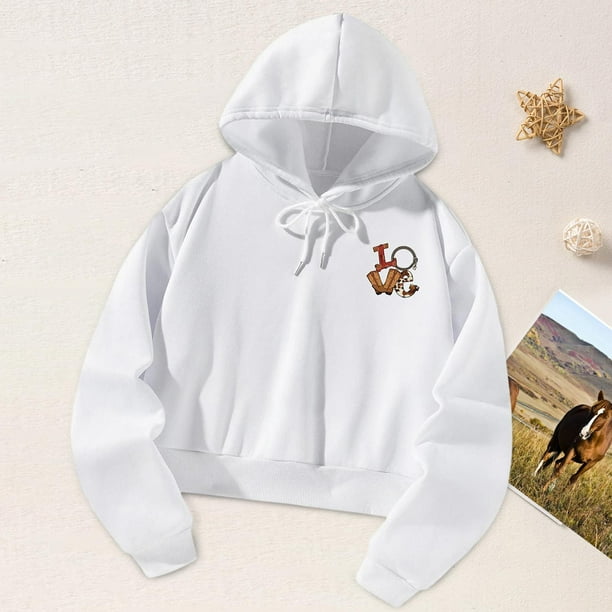 Tops femeninos, disfraz, sudaderas con capucha para mujer, estampado de palabras de amor blanco, jersey informal con cordón para mujer para correr de M