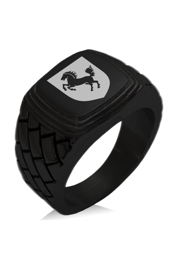 Stainless Steel Horse Battle Coat of Arms Shield Geometric Pattern Step-Down Biker Style Polished Ring