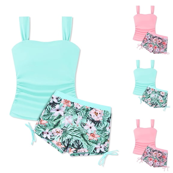 Shadoumai Girls Swimsuit Ruffle Girls Bikini Spaghetti Strap Tankini with Shorts 2 Piece Ruffle Girls Bathing Suit size 12