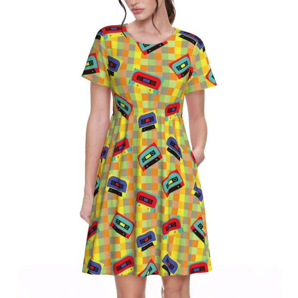 Disketp 90s Audio Tape para Vestido de Manga Corta para Mujeres, Vestidos de Verano para Mujeres, Casual y Holgado para la Playa