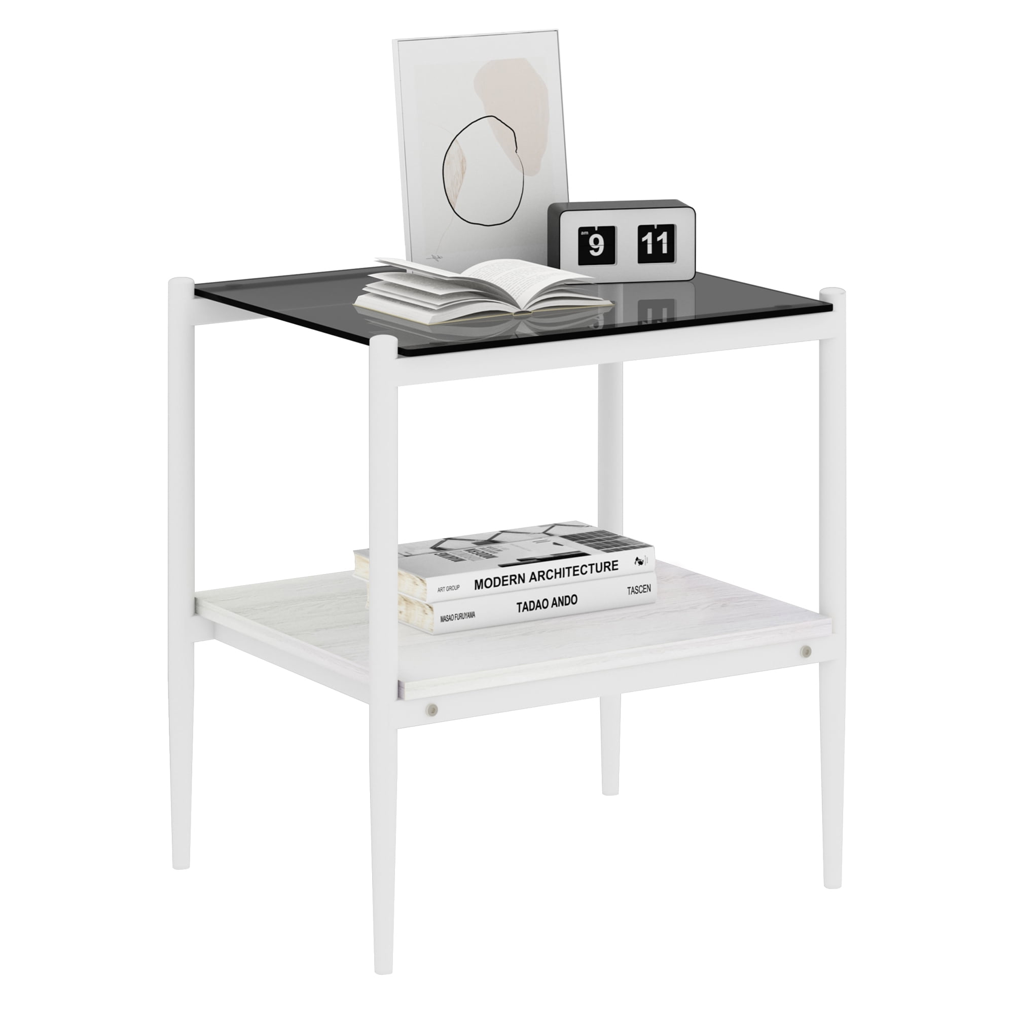 Set of 2 Modern Gray Glass Rectangle End Tables, Tempered Glass Top with MDF Storage Shelf & Iron Legs for Living Room Bedroom