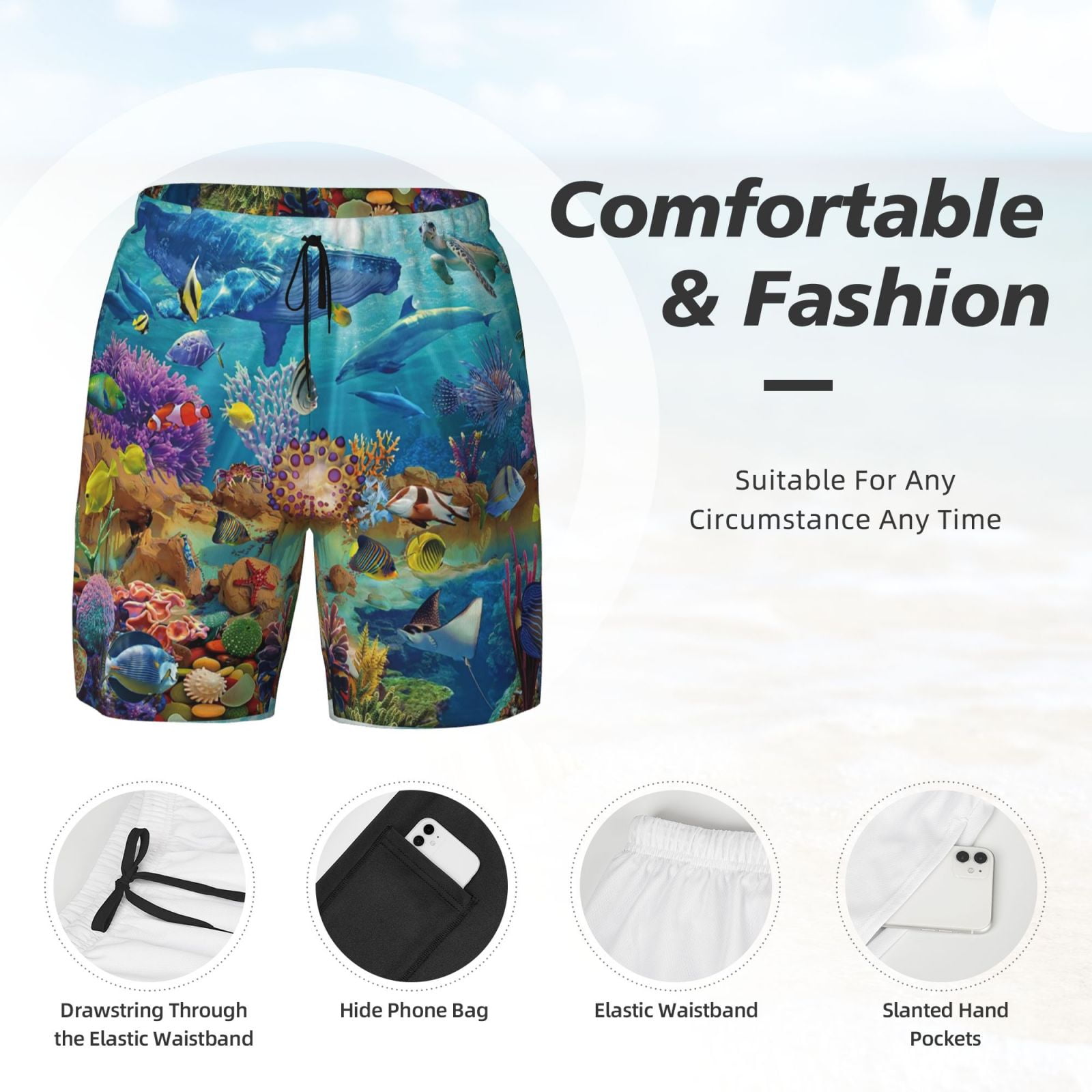 Xecao Sea World for Men's Swimming Trunks Swim Trunks Quick Dry Swim Shorts with Mesh Lining Funny Swimwear Bathing Suits
