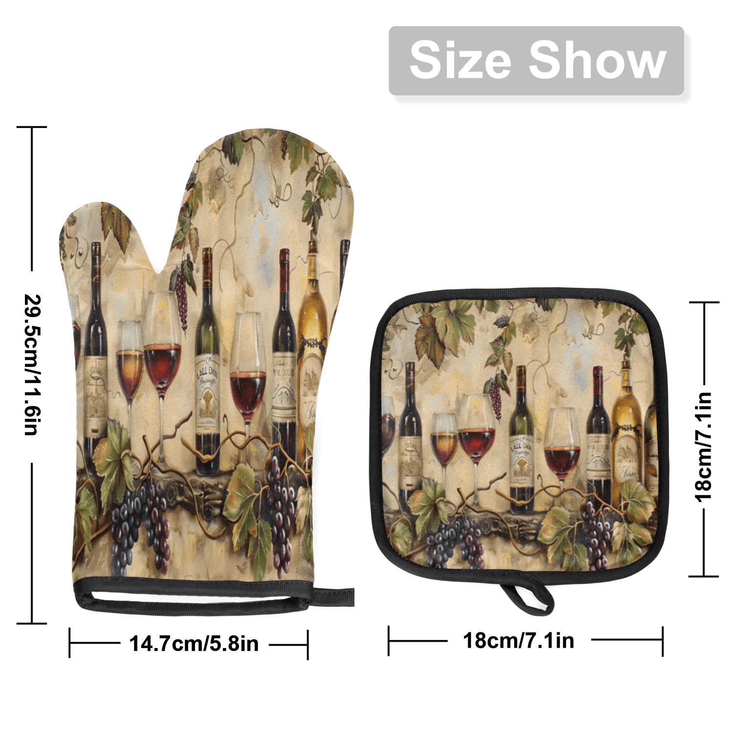 CURLYOOT Wine Themed Vintage Oven Mitts and Pot Holders Sets of 2, Non-Slip Washable Hot Pads and Oven Gloves for Kitchen Cooking Baking