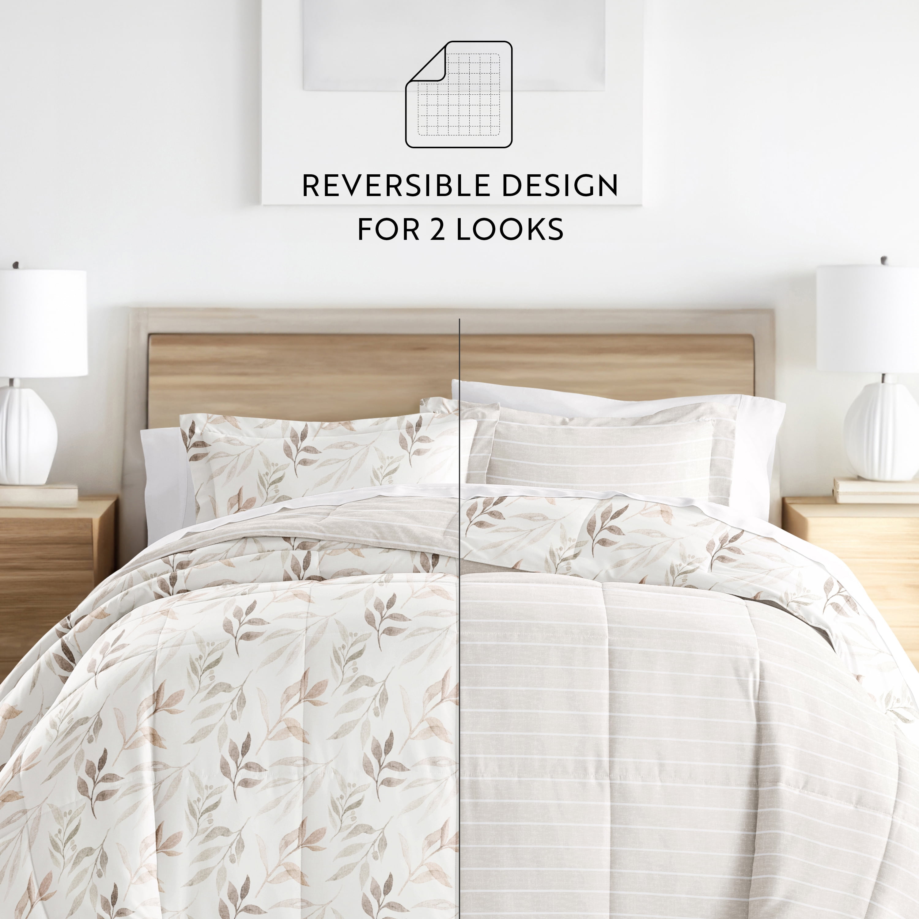 Noble Linens Down Alternative Foliage Stripe Ivory Reversible Comforter Set