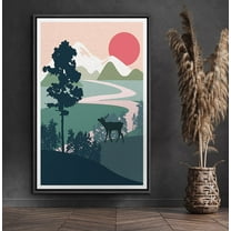 PixonSign Framed Canvas Print Wall Art Elk Overlooks Green Mountains Animals Wilderness Illustrations Modern Art Rustic Landscape Relax/Calm Warm Boho Decor for Living Room, Bedroom - 24"x36" Black