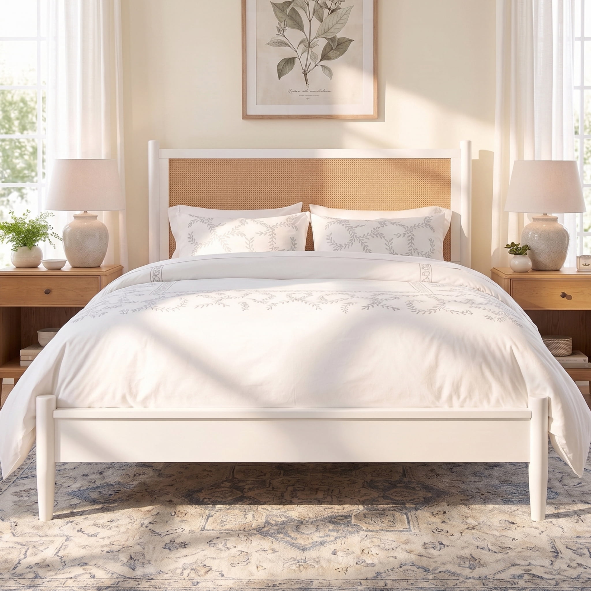 Euroco Modern Wood King Size Platform Bed with Rattan Headboard,Wicker Bed, No Box Spring Needed, White