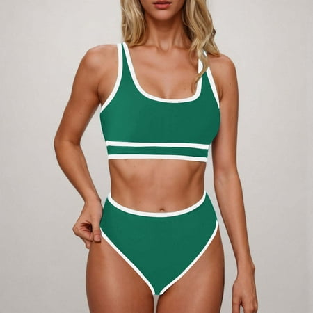 OWMEOT Women s High Waisted Bikini Sets White Rim Sporty Two Piece Swimsuits Color Block Cheeky High Cut Bathing Suits for Beach Volleyball