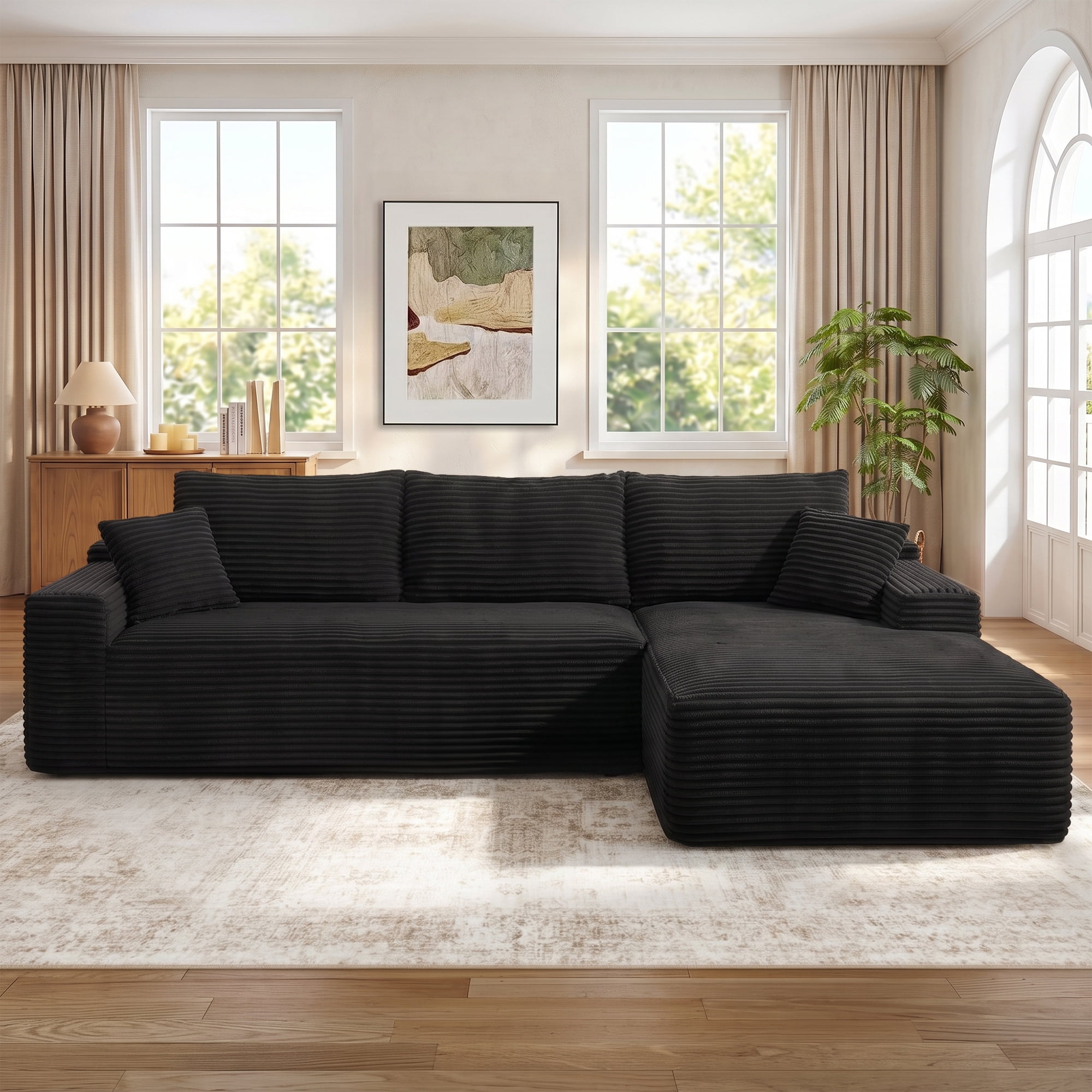 Aukfa 107" Boneless Modular Sectional Sofa, L-Shaped Corduroy Couch with Deep Seat and Right-Facing Chaise for Living Room, Black