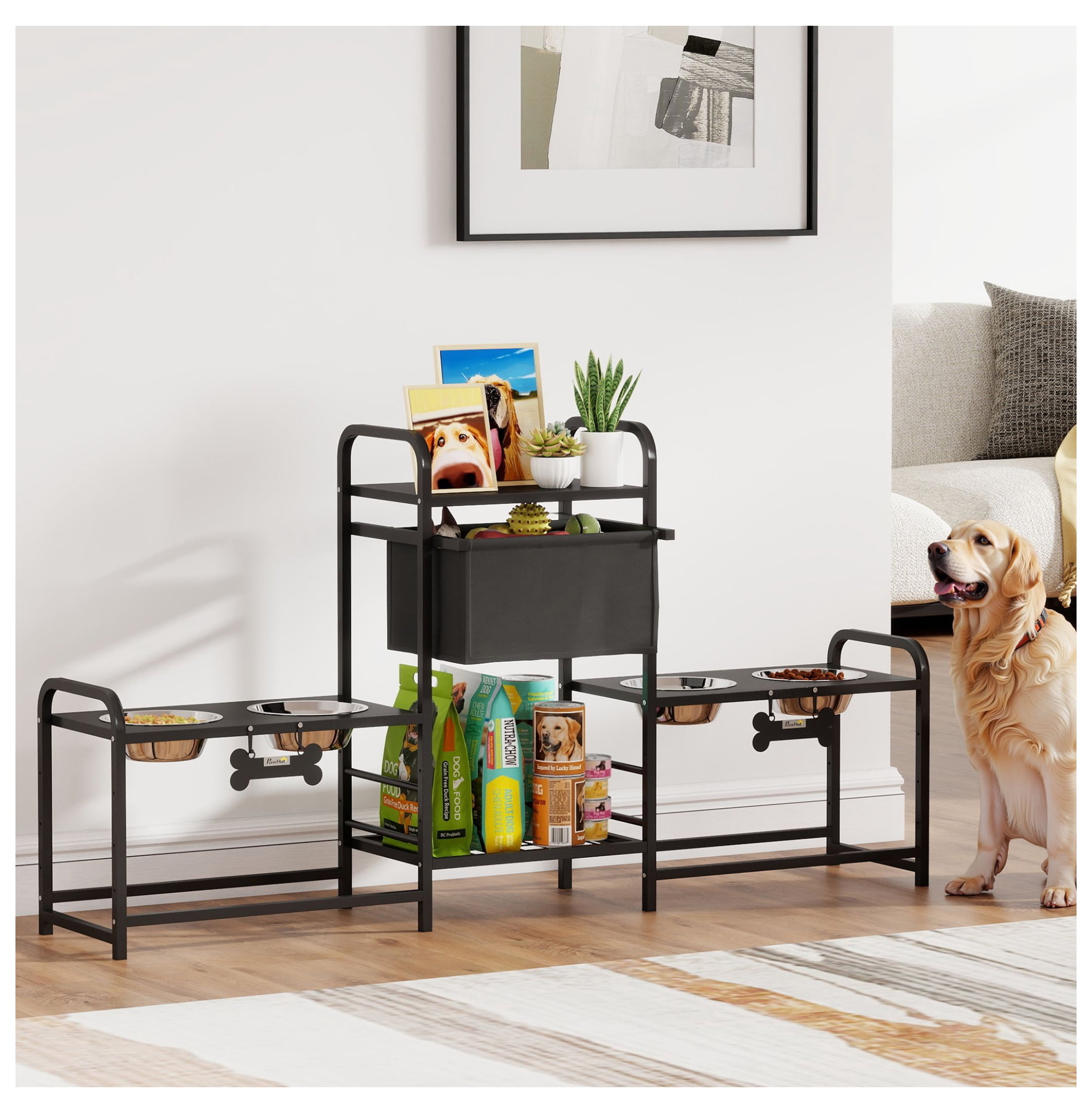 Dog Bowl Stand with Toy Storage, 3 Height Adjustable Elevated Dog Bowls, 2 Feeding Stations, Stainless Steel Pet Feeder for Large & Small Dogs, Black