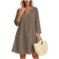 thumbnail image 2 of Guieoi Trendy Long-Sleeve V-Neck Cotton-Linen Dress with Wide Hem Brown M, 2 of 8