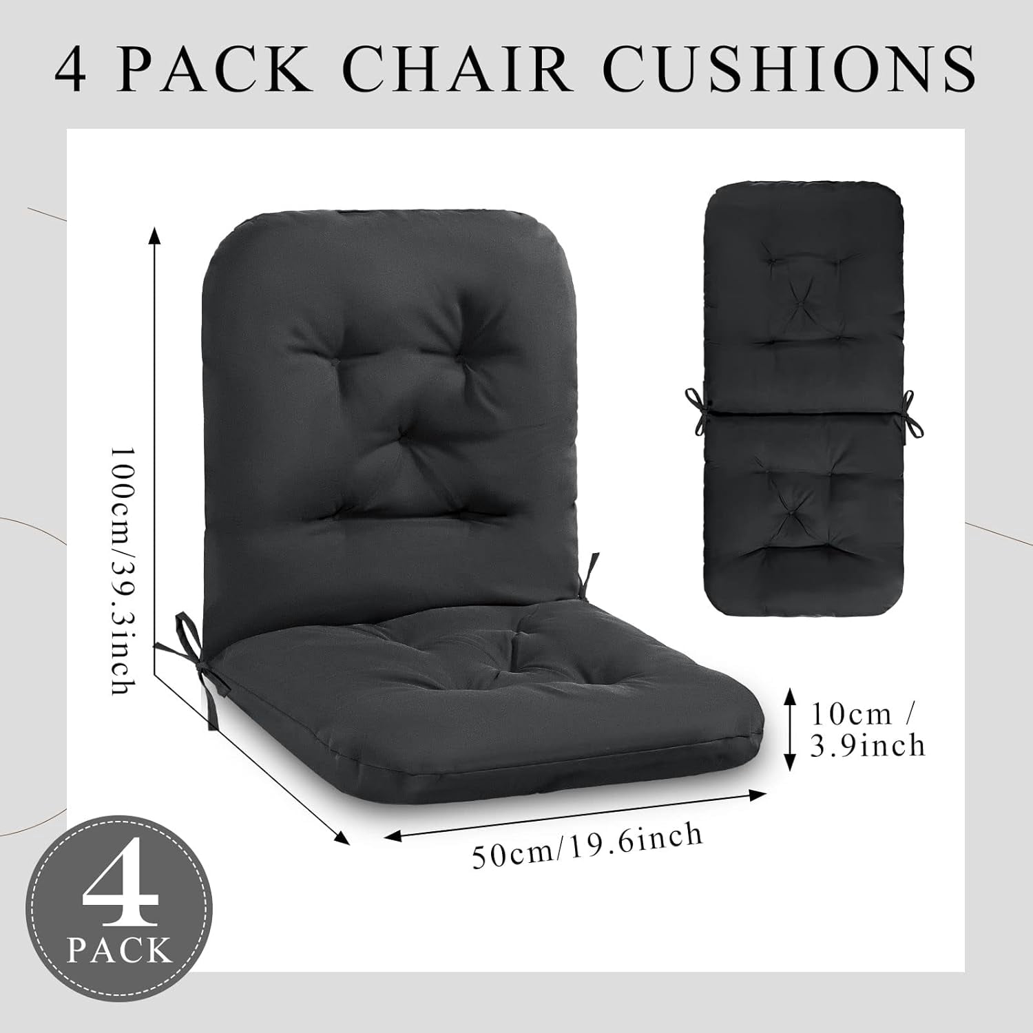 Tufted Back Chair Cushion Indoor Outdoor Weather Resistant Swivel Rocker Patio Chair Cushions for Outdoor Furniture(Black,4 Pack)