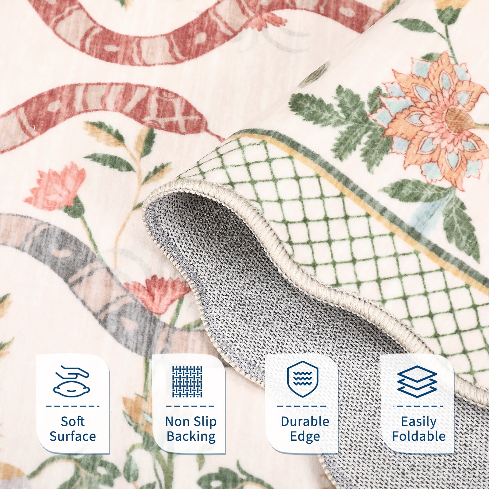 HOMERRY Area Rug 5' x 7' Rugs for Living Room Modern Washable Indoor Scalloped Snake Animal Floral Print Carpet, Beige