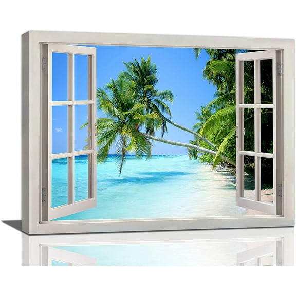 Tropical Palm Beach Wall Art Coastal Ocean Bathroom Pictures Wall Decor 3d Window Canvas Prints Framed Modern Seascape Landscape Painting Artwork for Living Room Hotel Kitchen Offic 16"x12"