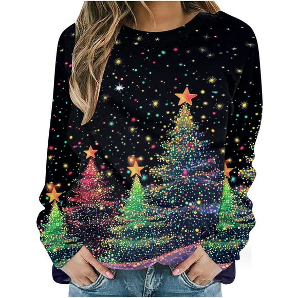 Winter Saving! HVOBTTY Women's Pullover Sweatshir, Women's Christmas Bright Colorful Christmas Tree Round Neck Print Loose Sweatshirt Long Sleeve No-Cap Sweatshirt Top Multicolor, M