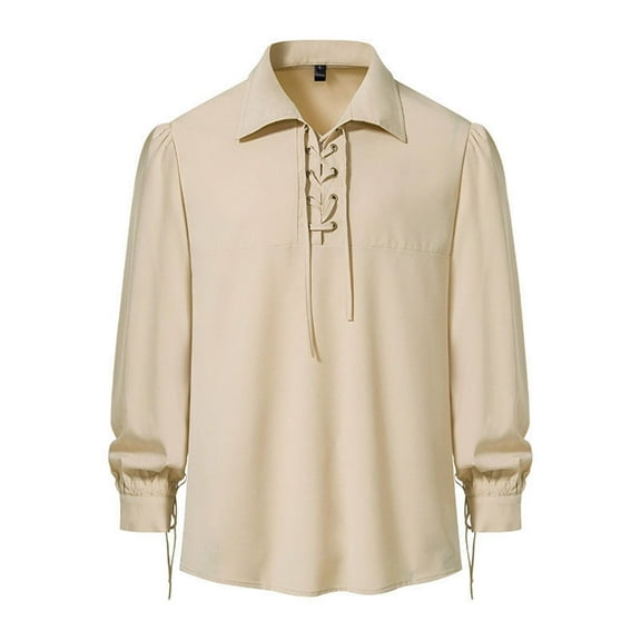 Men's Fashion Lace Up Lapel Long Sleeve Hippie Casual Shirt Stylish Boho Tee Comfortable Blend Top Men's Tops T-Shirt Casual Crew Neck Loose