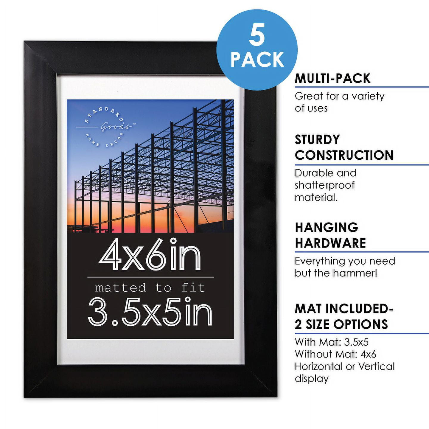 Standard Goods Home Décor 4x6 Matted to 3.5x5 Black Linear Picture Frame, 5-Pack for Wall or Table Display.