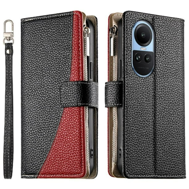 Funda cartera GANGXUN para OPPO Reno 10 5G , cuero PU con tarjetero, cremallera, correa de mano, soporte y protección 589°