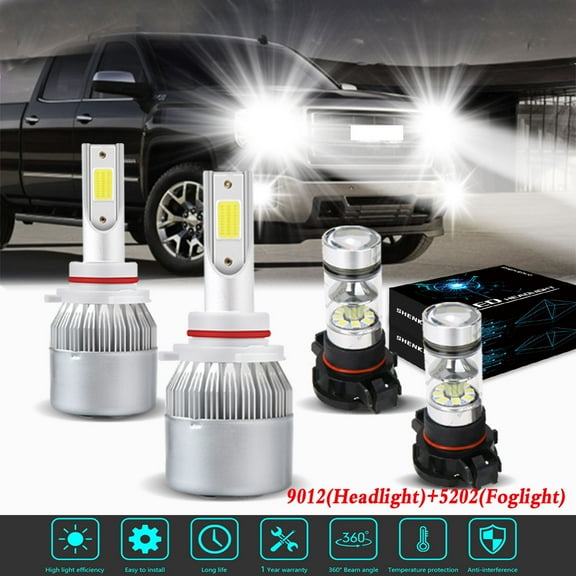 For 2014 2015 Gmc Sierra 1500 Headlights 9012 5202 LED High and Low Beam 5202 Fog Light 4pc