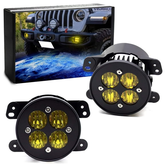 Yellow Lens 4-In 24W High Power LED Wide Angle SAE Flood Beam Fog Light Kit w/Built-On Mounting Brackets For Jeep Wrangler JK JL, etc