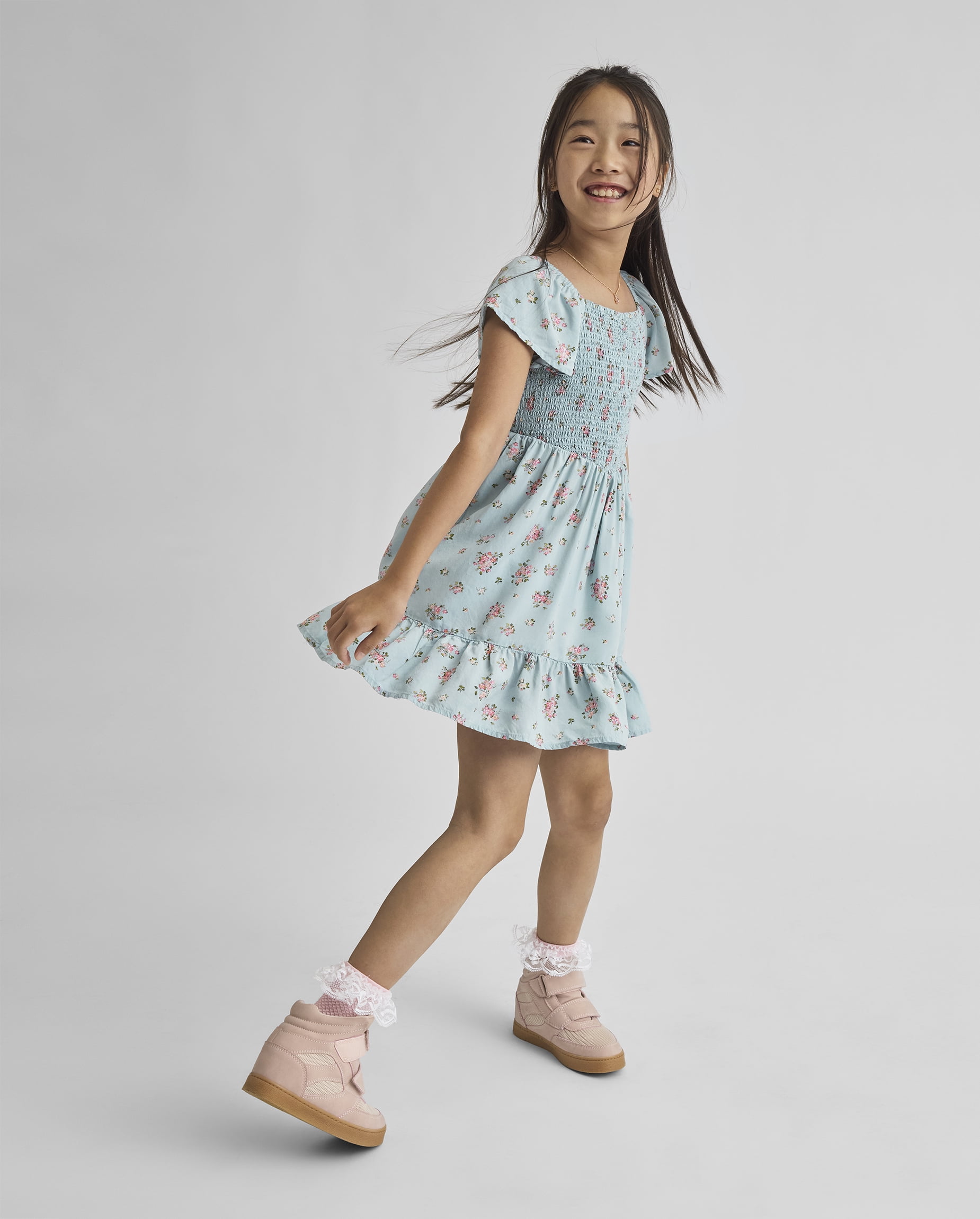 The Children's Place Girls Cap Sleeve Floral Smocked Ruffle Dress, Sizes XS-XXL
