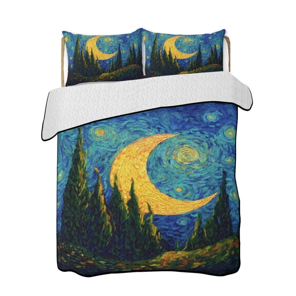 Quilt King Size Bedding Set, Starry Moon Reversible Summer Quilt 3 Pieces, Modern Abstract Art Forest Lightweight Bedspreads Coverlets with 2 Pillow Shams for All Seasons