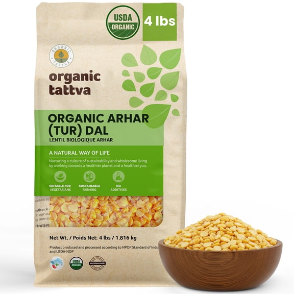 Organic Tattva Toor Dal 4LB, Unpolished Tur Dal (Arhar), Pigeon Peas, Vegan, Kosher, No Additives, Gluten Free, USDA Certified