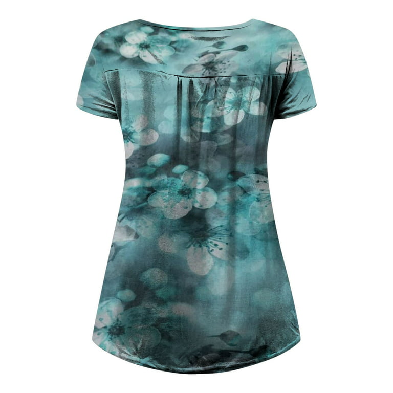 KIJBLAE Boho Shirts for Women Tummy Control Clothes for Girls Button V-Neck  T-shirt Floral Print Tops Short Sleeve Tees Pleat Flowy Tunic Blouses