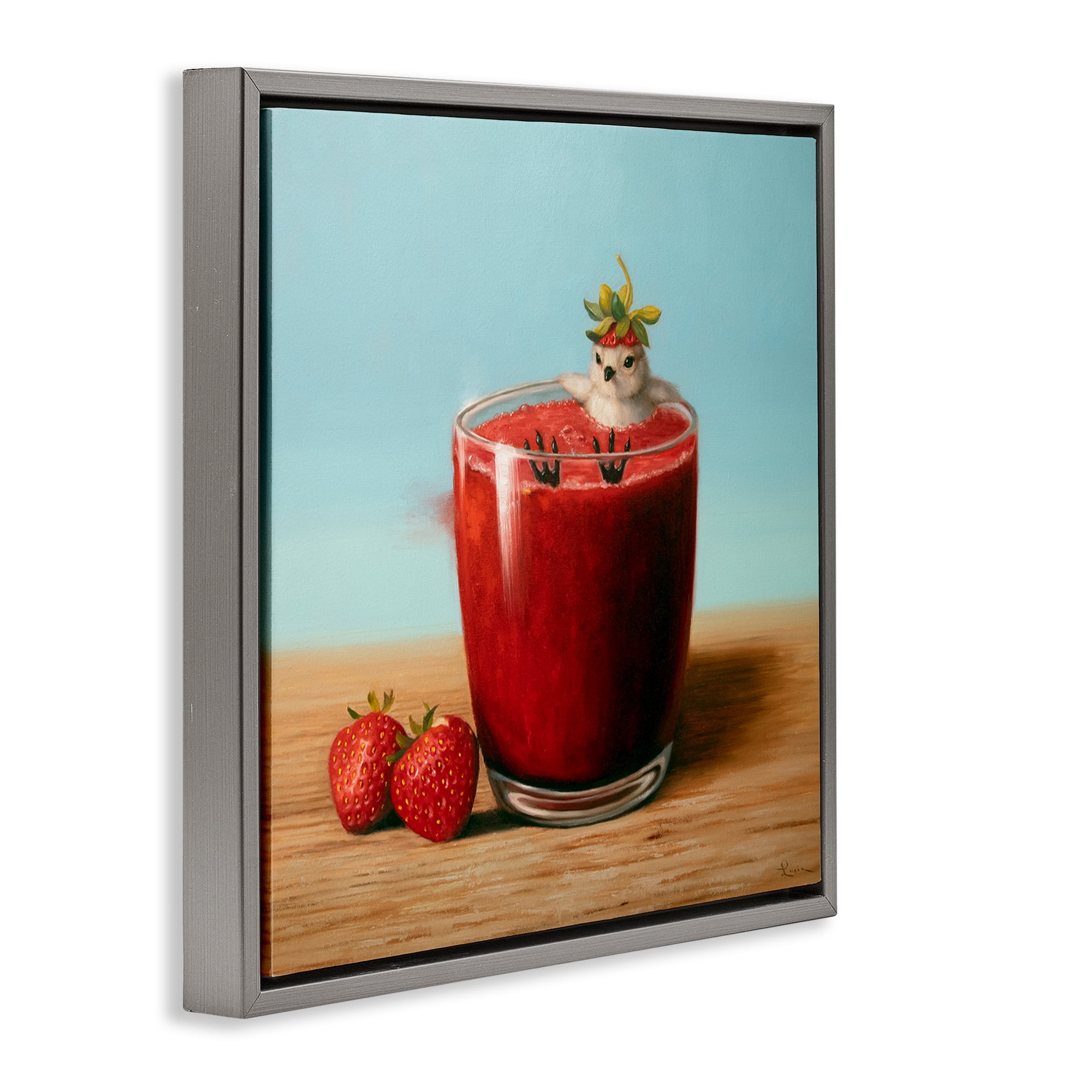 Stupell Industries Bird in Strawberry Drink Food & Beverage Painting Gray Floater Framed Canvas Art Print Wall Art, 18 x 18